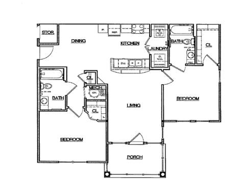 Floor plan for 2 beds, 1 bath, 984 sqft